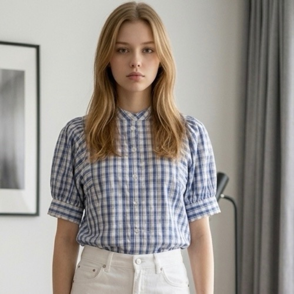 Madewell Blue White Gingham Puff Short Sleeve Band Collar Button Top NW063 Sz 2